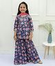 Ka-mee Cotton Woven Three Fourth Sleeves Floral Printed & Gota Lace Embellished Coordinating Kurta & Sharara With Dupatta Set - Blue