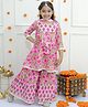 Ka-mee Cotton Woven Three Fourth Sleeves Floral Printed & Gota Lace Embellished Coordinating Kurta & Sharara With Dupatta Set - Pink