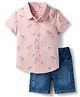 Babyhug Cotton Woven Half Sleeves Shirt & Shorts Set with Floral Print - Peach & Navy Blue