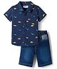 Babyhug Cotton Woven Half Sleeves Shirt & Denim Shorts Set With Dino Print - Blue