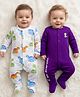 Babyoye 100% Cotton Knit Full Sleeves Footed Sleepsuit With Dino Print Pack Of 2 - Purple & White