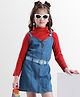 Ollington St. Cotton Lycra Rib Full Sleeves Top & Denim Pinafore - Maroon & Blue
