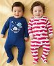 Babyoye  100% Cotton Knit Full Sleeves Sleep Suits with Stars & Animal Print Pack of 2 - Red & Navy Blue