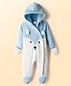 Babyhug Fur Knit Full Sleeves Hooded Front OpenWinter Wear Romper with Attached Mitten & Footed with Teddy Bear Print & Applique - White & Light Blue