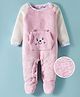 Babyhug Fur Knit Full Raglan Sleeves Winter Wear Footed Romper With Animal Embroidery & Kangaroo Pockets - Pink & White