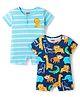 Babyhug 100% Cotton Knit Half Sleeves Striped Rompers with Animal Print Pack of 2 - Light & Navy Blue