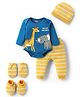 Babyhug 100% Cotton Full Sleeves Animal Printed Onesies With Striped Leggings Cap Mittens & Booties Set -