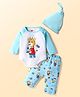 Babyhug 100% Cotton Knit Full Raglan Sleeves Onesies with Leggings & Cap With Teddy Print - Light Blue & White