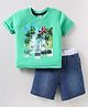 ToffyHouse Interlock Woven Half Sleeves T-Shirt & Shorts Set with Beach Theme Print - Light Green & Blue