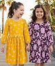 Honeyhap Premium 100% Cotton Knit Bio Finish Full Sleeves Frocks with Floral Print  and Bow Applique Pack of 2 - Plum Caspia & Banana