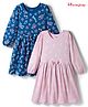 Honeyhap Premium 100% Cotton Knit Bio Finish Full Sleeves Frocks with Floral Print  and Bow Applique Pack of 2 - Mykonos Blue & Fuchsia Pink