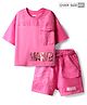 Pine Kids Marvel Single Jersey Knit Half Drop Shoulder Sleeves Oversized Crop T-Shirt & Shorts Set with Avengers Graphics & Reversible Sequin - Pink