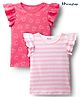 Honeyhap Premium 100% Cotton Knit Frill Sleeves Striped T-Shirts with Bio Finish Heart Print Pack of 2 - Bright White & Camellia Rose