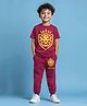 Trampoline Cotton Blend Knit Half Sleeves Lion Printed Tee With Coordinating Track Pants Set - Maroon