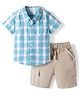 Babyhug Cotton Knit Half Sleeves Shirt and Shorts Sets with Checks - Light Blue & Grey