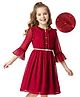 Hola Bonita Woven Three Fourth Sleeve Dobby Dress with Frill Detailing & Belt - Maroon