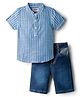 Babyhug Cotton Woven Half Sleeves Mandarin Collar Shirt & Denim Shorts Set With Stripes - Blue