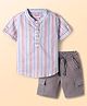 Babyhug Cotton Woven Half Sleeves Front Buttons Mandarin Collar Shirt and Shorts Set with Stripes - White & Grey