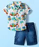 Babyhug Cotton Woven Half Sleeves Shirt & Short Set With Vehicle Print - White & Blue