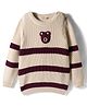 Bonfino 100% Cotton Knitted Full Sleeves Striped Pullover Sweater with Teddy Bear Embroidery - Off White