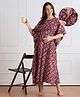 Bella Mama Cotton Woven Half Sleeves Maternity Nursing Kaftan Style Nighty with Floral Print - Maroon