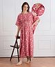 Bella Mama Cotton Woven Half Sleeves Maternity Nursing Kaftan Style Nighty with Floral Print - Red
