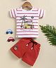 UNO KIDS Interlock Knit Half Sleeves Striped & Beach Travel Theme Printed Tee & Coordinating Short Set - Red