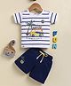 UNO KIDS Interlock Knit Half Sleeves Striped & Beach Travel Theme Printed Tee & Coordinating Short Set - Blue
