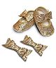 Daizy Bow Applique Detailed Sequins Embellished Slip On Booties With Hair Clips - Golden