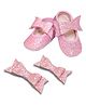 Daizy Bow Applique Detailed Sequins Embellished Slip On Booties With Hair Clips - Baby Pink