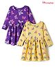 Honeyhap Premium 100% Cotton Knit Bio Finish Full Sleeves Dresses with Bow & Butterfly Print & Bow Applique Pack of 2 - Popcorn & Lilac Breeze
