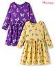 Honeyhap Premium 100% Cotton Knit Bio Finish Full Sleeves Dresses with Bow & Butterfly Print & Bow Applique Pack of 2 - Popcorn & Lilac Breeze