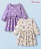 Honeyhap Premium 100% Cotton Knit With Bio Finish Full Sleeves Frocks With Floral Print & Bow Applique Pack of 2 - Gardenia & Pastel Lilac