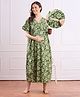 Bella Mama Cotton Woven Half Sleeves Maternity Nursing Nighty with Floral Print - Green