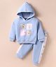 Little Kangaroos Fleece Knit Full Sleeves Winter Wear Hooded Sweatshirt & Lounge Pant Set With Animal Print - Light Blue