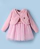 Little Kangaroos Cotton Woven Full Sleeves Frock & Jacket with Star Foil Print Sequin & Frill Detailing - Pink
