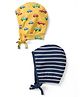 Babyhug 100% Cotton Knit Bonnet Cap with Stripes & Vehicle Print Pack of 2 Yellow & Navy Blue - Diameter 17 cm