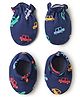 Babyhug 100% Cotton Interlock Knit Mittens & Booties Set with Car Print - Navy Blue