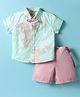 ToffyHouse Poplin Woven Half Sleeves Tie & Dye Printed Shirt & Shorts With Bow & Suspender - Light Green & Peach