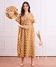 Bella Mama Cotton Woven Half Sleeves Maternity Nursing Nighty with Floral Print - Mustard