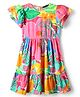Pine Kids Viscose Woven Flutter Sleeves Frock With Floral Print - Dark Pink & Orange