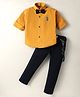 Radutu Full Sleeves Textured & Glitter Patch Detailed Shirt & Pant With Bow & Suspender Set - Mustard & Navy Blue