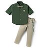 Radutu Full Sleeves Textured & Glitter Patch Detailed Shirt & Pant With Bow & Suspender Set - Green & Light Fawn