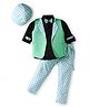 Radutu Full Sleeves Solid Shirt With Checked Waistcoat With Pant Cap & Bow Set - Pista & Black