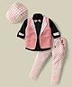 Radutu Full Sleeves Checked 3 Piece Party Suit Set With Suspender Bow & Cap Set - Light Pink & Black