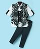 Radutu Full Sleeves Damask Printed 3 Piece Party Suit With Bow Set - Peacock  Green & White