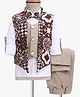 Radutu Full Sleeves Damask Printed 3 Piece Party Suit With Bow Set - Brown & White