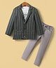Radutu Full Sleeves Striped Blazer With Creative Text Printed Tee & Pant Set - Green & Grey