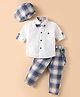 Radutu Full Sleeves Chervon Printed Shirt With Checked Pant Cap Bow & Suspender Set - White & Blue
