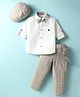 Radutu Full Sleeves Checked Shirt & Trouser With Cap Bow & Suspender Set - White & Beige